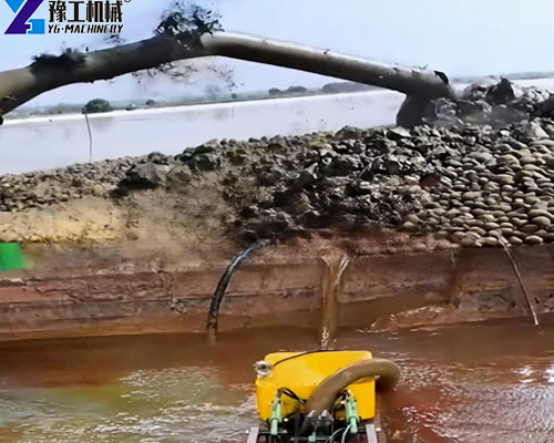 Underwater dredging robot pumping sediment through a discharge pipe