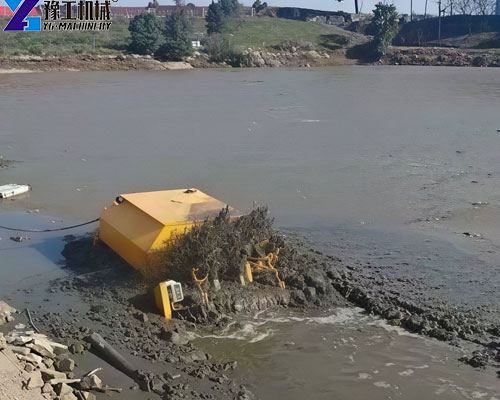 Dredging robot removing accumulated sediment from a lakebed